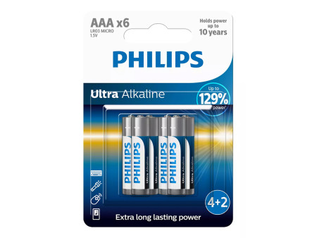 PHILIPS Ultra αλκαλικές μπαταρίες LR03E6BP/10, AAA LR03 1.5V, 6τμχ