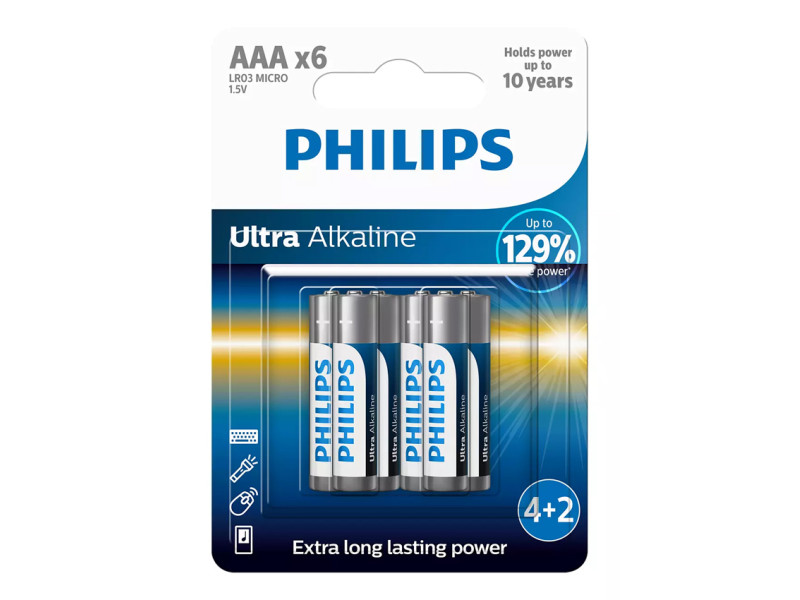 PHILIPS Ultra αλκαλικές μπαταρίες LR03E6BP/10, AAA LR03 1.5V, 6τμχ