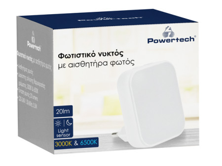 POWERTECH φωτιστικό νυκτός PT-1045 με αισθητήρα φωτός, 3000K/6500K, 20lm