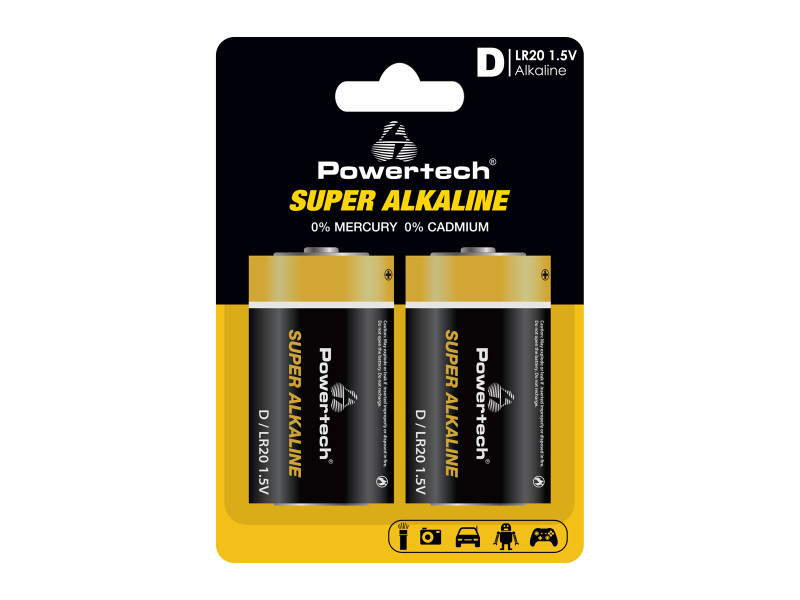 POWERTECH αλκαλικές μπαταρίες Super Alkaline PT-1217, LR20, 1.5V, 2τμχ