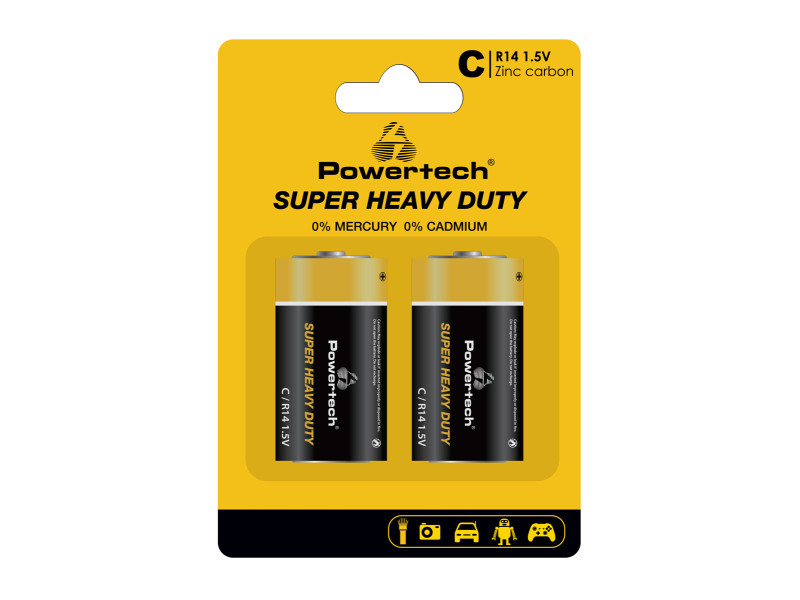 POWERTECH μπαταρίες Zinc Carbon Super Heavy Duty PT-1221, R14 1.5V, 2τμχ