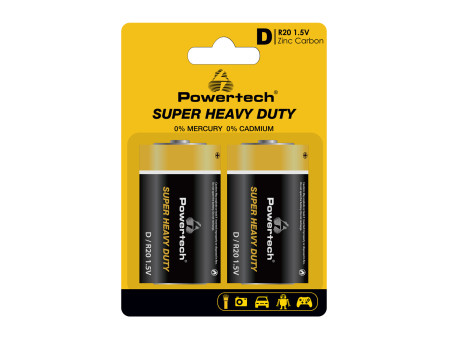 POWERTECH μπαταρίες Zinc Carbon Super Heavy Duty PT-1222, R20 1.5V, 2τμχ