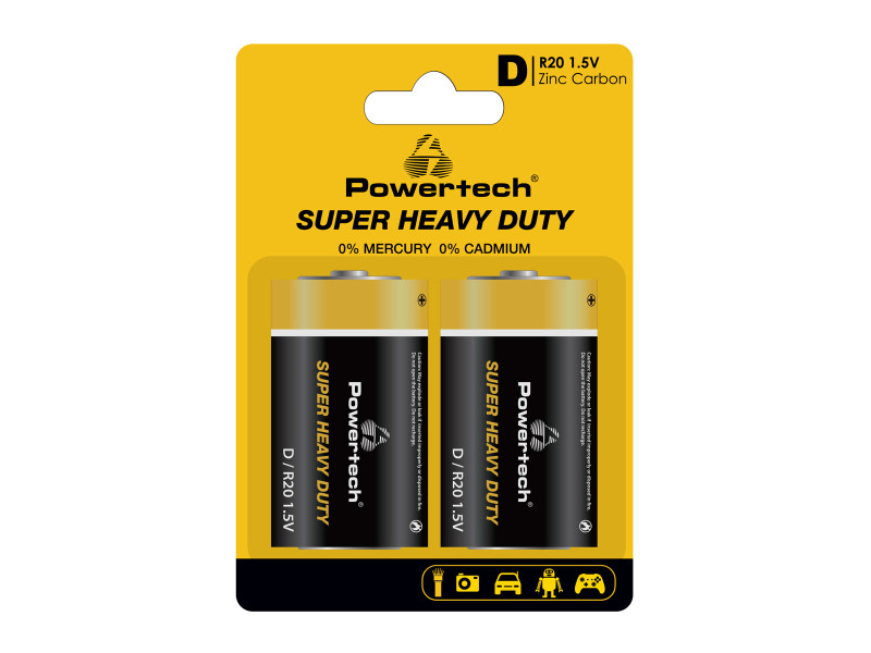 POWERTECH μπαταρίες Zinc Carbon Super Heavy Duty PT-1222, R20 1.5V, 2τμχ