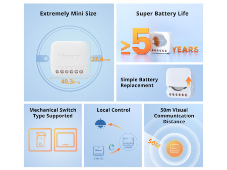 SONOFF smart διακόπτης S-MATE2, 3 κανάλια, μπαταρίας, λευκός