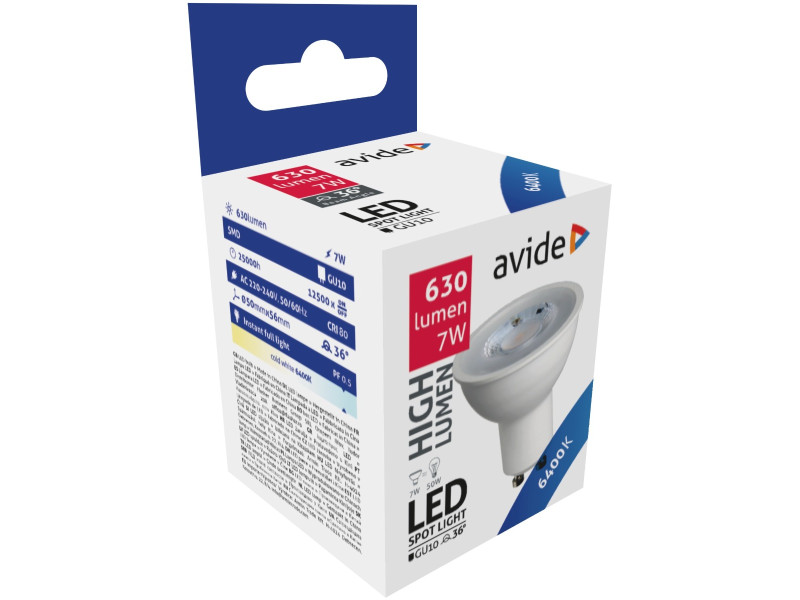 Avide LED Σπότ Αλουμίνιο + Πλαστικό 7W GU10 36° Ψυχρό 6400K Υψηλής Φωτεινότητας | ATC | 15.001.0761