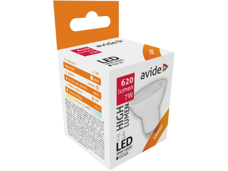 Avide LED Σπότ Αλουμίνιο + Πλαστικό 7W GU10 36° Λευκό 4000K Υψηλής Φωτεινότητας | ATC | 15.001.0760