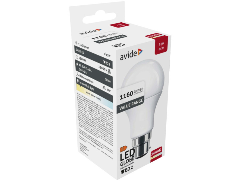 Avide Value LED Globe B22 12W WW 3000K | ATC | 15.001.2013