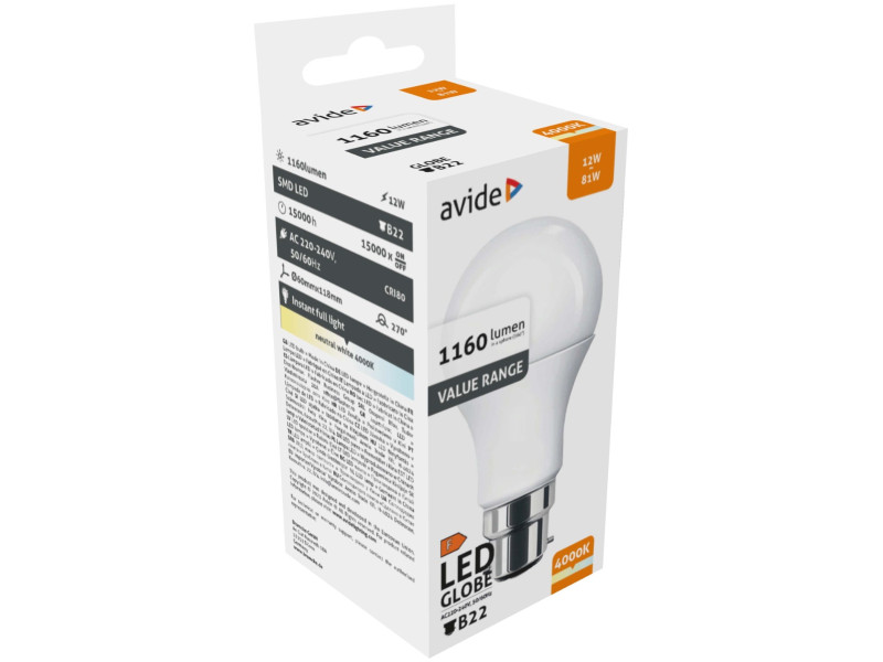 Avide Value LED Globe B22 12W NW 4000K | ATC | 15.001.2014