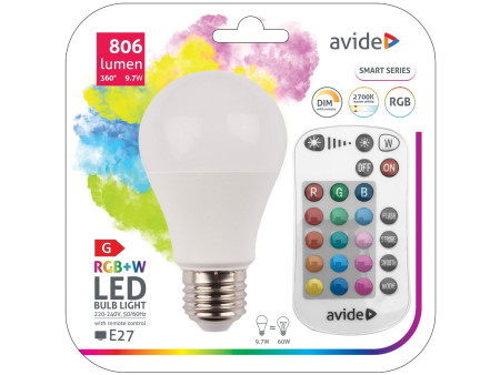 Avide LED Smart Κοινή A60 9.7W RGB+W 2700K με IR Τηλεχειριστήριο | ATC | 15.001.0223