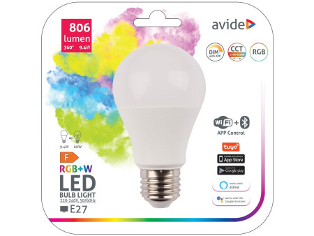 Avide LED Smart Κοινή A60 9.4W RGB+W WIFI + BLE APP Control | ATC | 15.001.0764