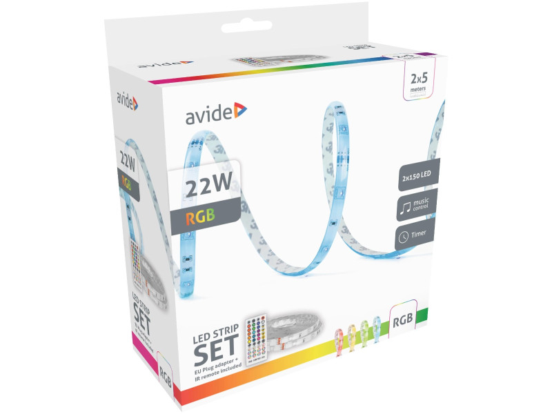 Avide LED Ταινία Blister 12V 22W RGB 2x5m με Έλεγχο Μουσικής + IR Τηλεχειριστήριο | ATC | 15.001.0977