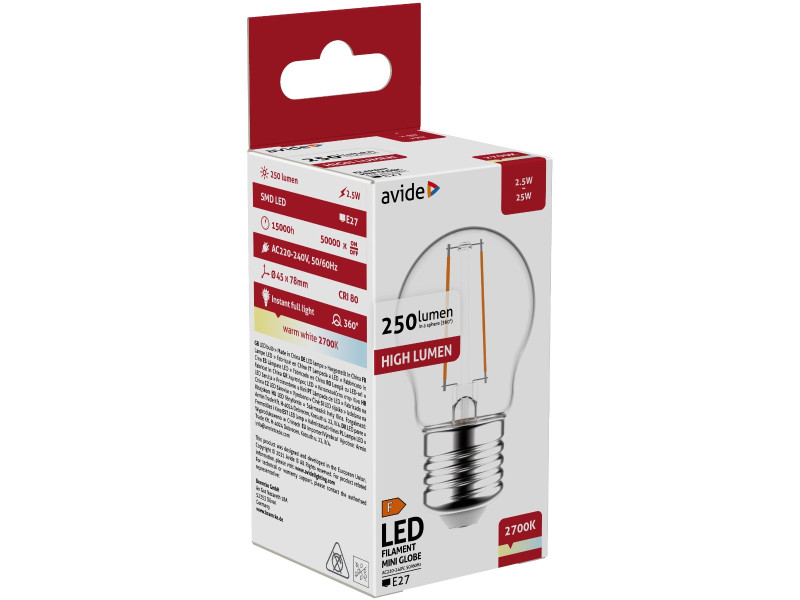 Avide LED Filament Στρογγυλή 2.5W E27 Θερμό 2700K | ATC | 15.001.1313