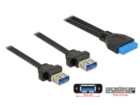 DELOCK καλώδιο USB 3.0 19 pin header (F) σε 2x USB 3.0 (F) 85244, 80cm