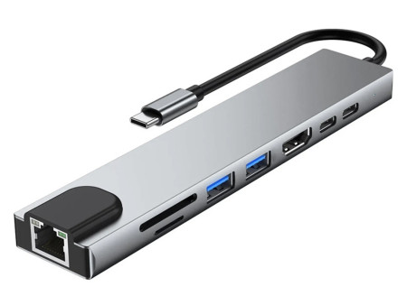 POWERTECH docking station PTH-103, 8 θυρών, USB-C σύνδεση, 100W PD, γκρι