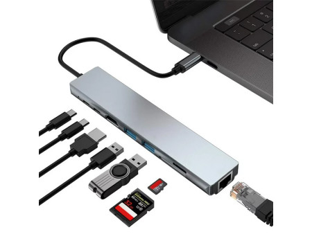 POWERTECH docking station PTH-103, 8 θυρών, USB-C σύνδεση, 100W PD, γκρι