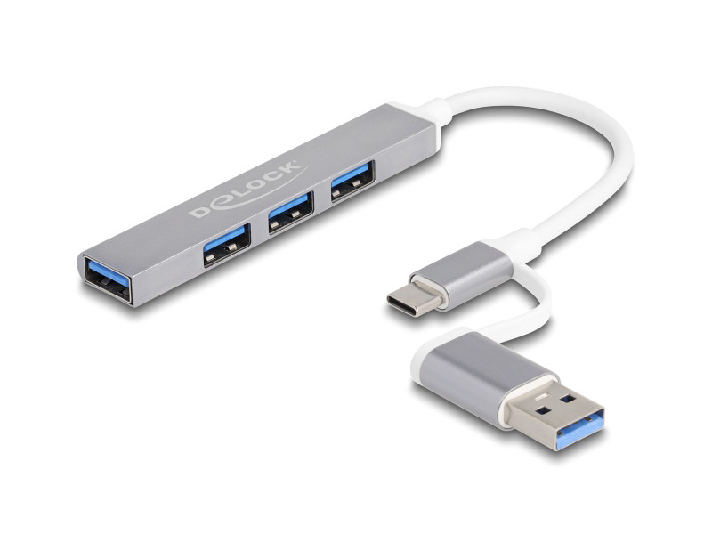 DELOCK USB hub 64214, 4x θυρών, 5Gbps, USB & USB-C σύνδεση, γκρι