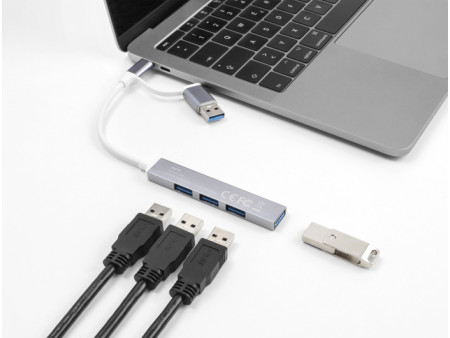 DELOCK USB hub 64214, 4x θυρών, 5Gbps, USB & USB-C σύνδεση, γκρι