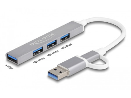 DELOCK USB hub 64214, 4x θυρών, 5Gbps, USB & USB-C σύνδεση, γκρι