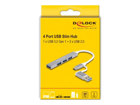 DELOCK USB hub 64214, 4x θυρών, 5Gbps, USB & USB-C σύνδεση, γκρι