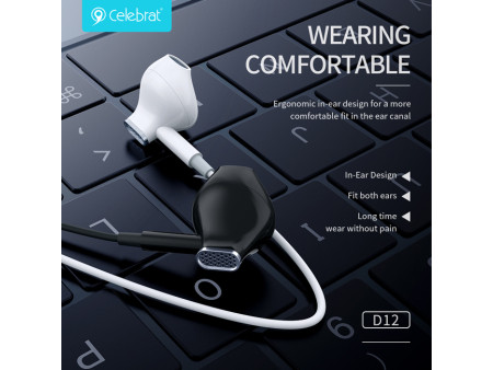 CELEBRAT earphones με μικρόφωνο D12, USB-C σύνδεση, Φ14.2mm, 1.2m, μαύρα