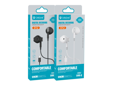 CELEBRAT earphones με μικρόφωνο D12, USB-C σύνδεση, Φ14.2mm, 1.2m, μαύρα