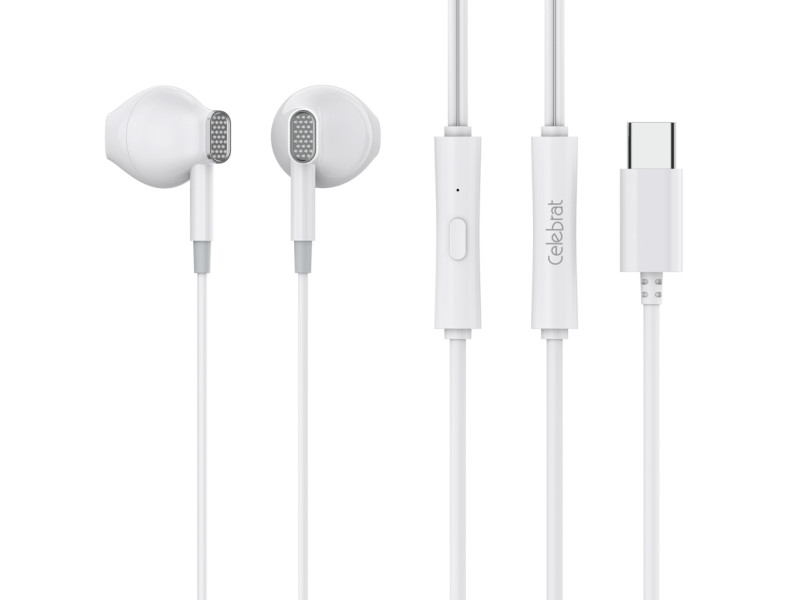 CELEBRAT earphones με μικρόφωνο D12, USB-C σύνδεση, Φ14.2mm, 1.2m, λευκά