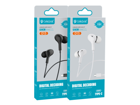 CELEBRAT earphones με μικρόφωνο D13, USB-C σύνδεση, Φ10mm, 1.2m, μαύρα