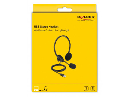 DELOCK headphones με μικρόφωνο 27178, stereo, USB, volume control, μαύρα