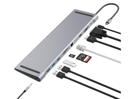 POWERTECH docking station CAB-UC080, 10 θυρών, βάση laptop, USB-C, γκρι