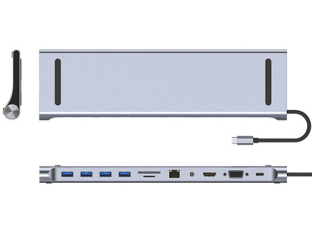 POWERTECH docking station BYL-2003, 11 θυρών, βάση laptop, USB-C, γκρι