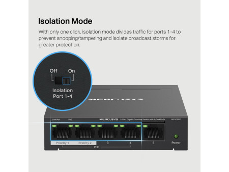 MERCUSYS Desktop Switch MS105GP, 5x 10/100/1000 Mbps, PoE+, Ver. 1.0