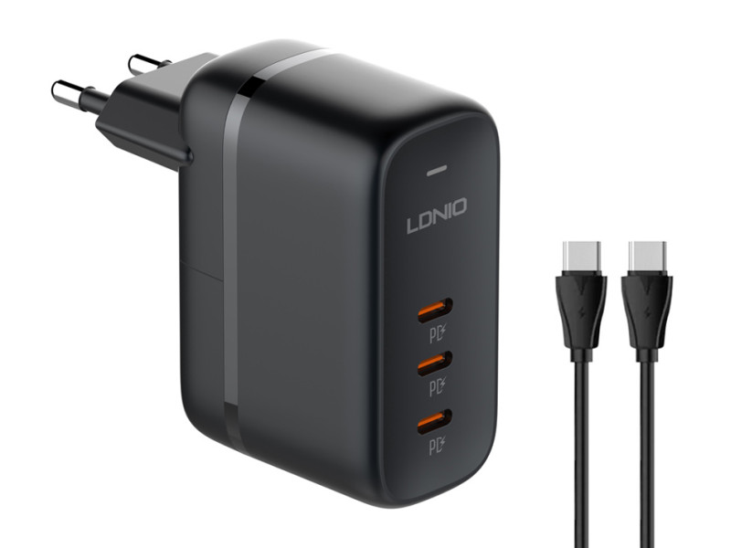 LDNIO φορτιστής τοίχου Q367 με καλώδιο USB-C, 3x USB-C, 65W, GaN, μαύρος