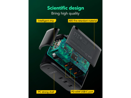 LDNIO φορτιστής τοίχου Q367 με καλώδιο USB-C, 3x USB-C, 65W, GaN, μαύρος