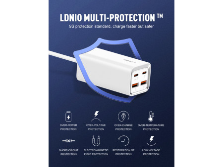 LDNIO σταθμός φόρτισης A4610C, 2x USB-C & 2x USB, 65W, PD/QC, λευκός