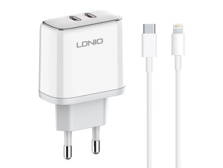 LDNIO φορτιστής τοίχου A2528M με καλώδιο, 2x USB-C, 35W, MFi, λευκό