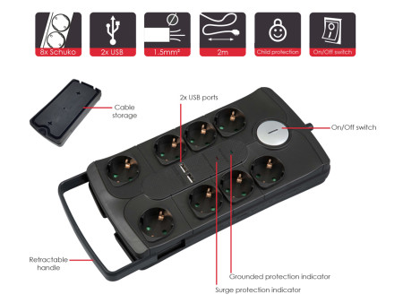 POWERTECH πολύπριζο ασφαλείας PT-995, 8x schuko & 2x USB, 16A, 2m, μαύρο