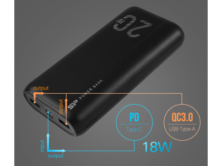 SILICON POWER power bank QS15, 20000mAh, 2x USB & USB Type-C, 3A, μαύρο