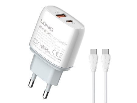 LDNIO φορτιστής τοίχου Q229 με καλώδιο, USB & USB-C, 20W PD, λευκός