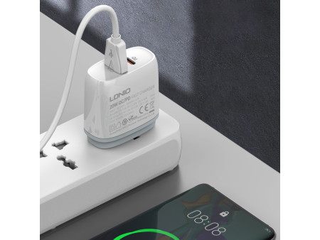 LDNIO φορτιστής τοίχου Q229 με καλώδιο, USB & USB-C, 20W PD, λευκός