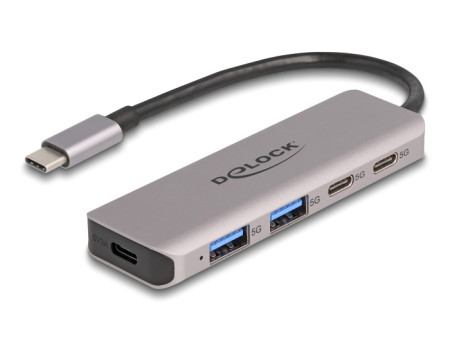 DELOCK USB hub 64239, 4x θυρών, 5Gbps, USB-C σύνδεση, γκρι