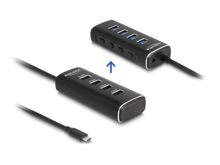 DELOCK USB hub 64233 με διακόπτες, 4 θυρών, 10Gbps, USB-C σύνδεση, μαύρο