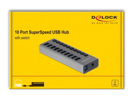 DELOCK USB hub 63670 με διακόπτες, 10x θυρών, 5Gbps, γκρι