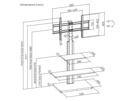 BRATECK βάση δαπέδου FS52-46T-02 για τηλεόραση 32-75" έως 40kg, με ράφια