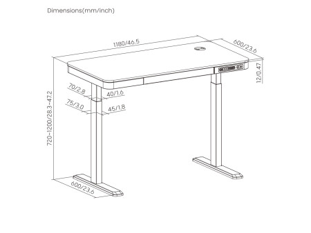 BRATECK ηλεκτρικό γραφείο S08-22DSWW με συρτάρι, 118x60x72~120cm, μαύρο