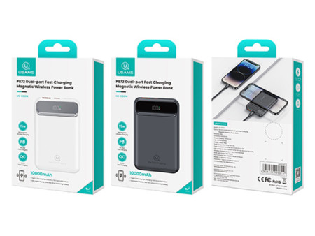 USAMS power bank US-CD214, 2x έξοδοι, wireless, 10000mAh, 20W, λευκό