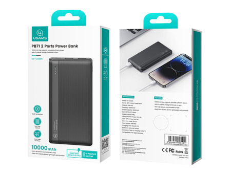 USAMS power bank US-CD205, 2x USB θύρες εξόδου, 10000mAh, 10W, μαύρο