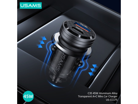 USAMS φορτιστής αυτοκινήτου US-CC175, USB & USB-C, 45W, QC & PD, μαύρος