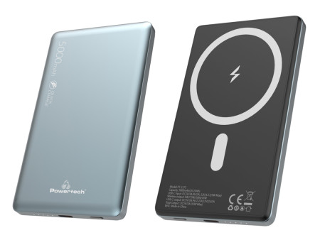 POWERTECH power bank PT-1171, 5000mAh, magnetic wireless, 15W, γκρι