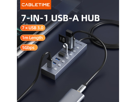 CABLETIME USB hub CT-HUBU7-AG, 7x θυρών, 5Gbps, USB σύνδεση, 1m, γκρι