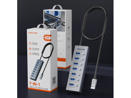 CABLETIME USB hub CT-HUBU7-AG, 7x θυρών, 5Gbps, USB σύνδεση, 1m, γκρι